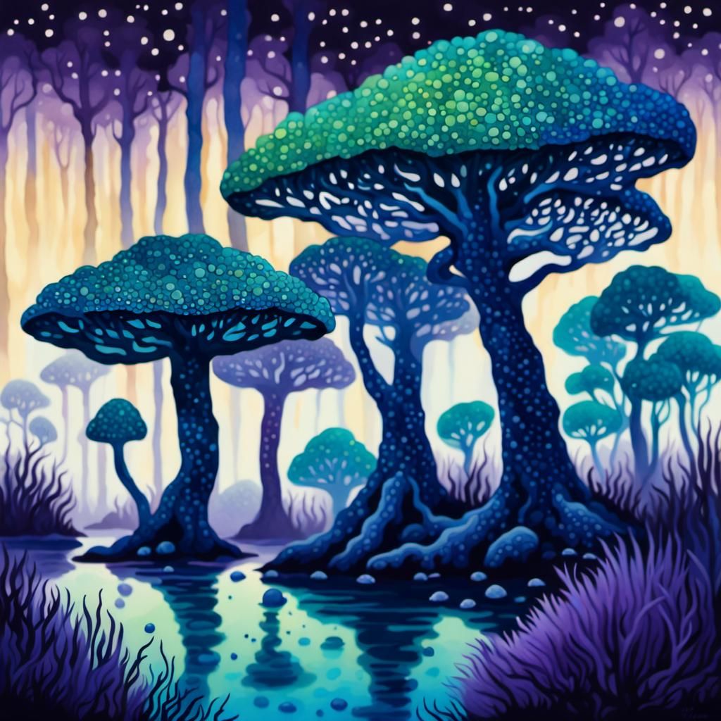 Lagoon Fungal Trees in Watercolor Pointillism Style