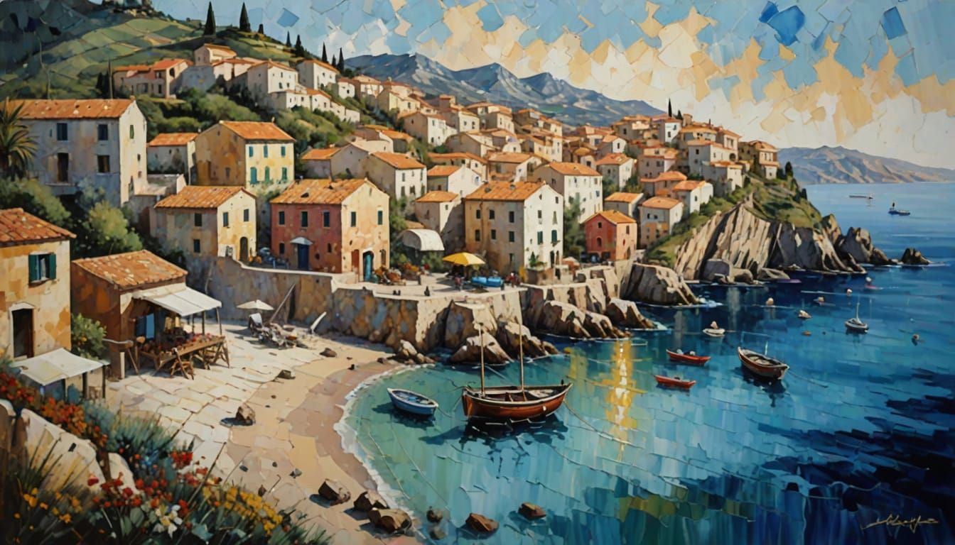 Impressionist Seaside Village in Vibrant Splatter Paint
