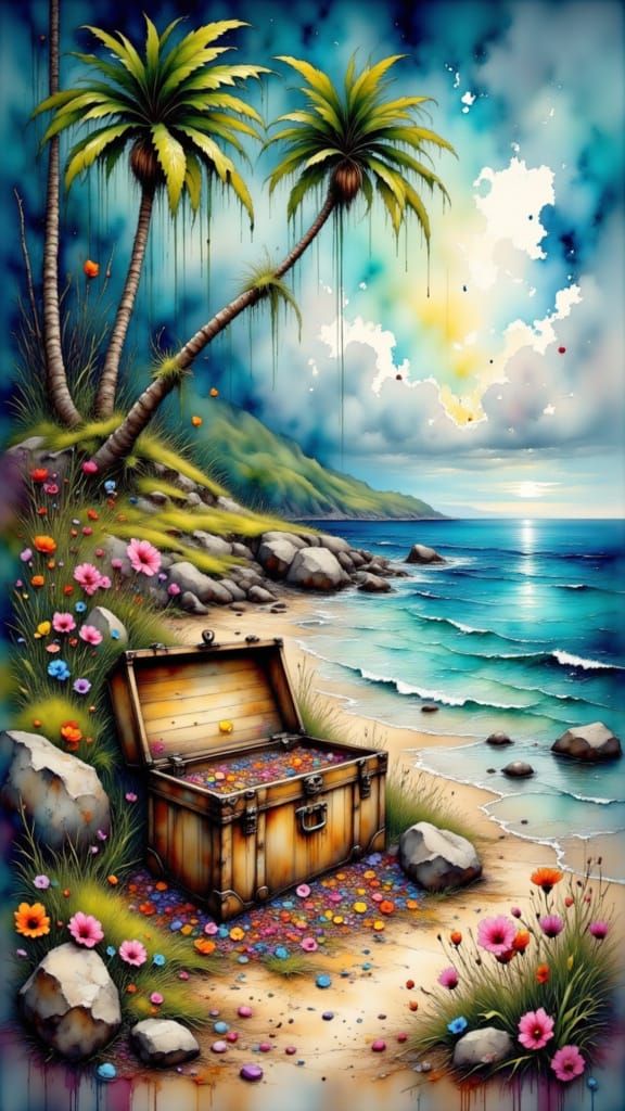 Treasure Chest on Forgotten Island Shore in Mixed Watercolor...