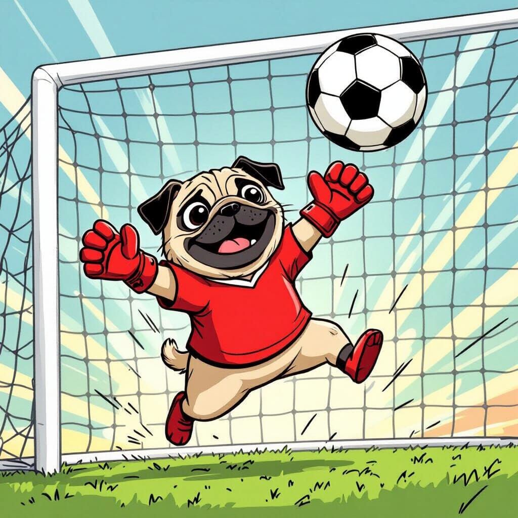 Determined Pug Goalie Blocks Soccer Ball in Cartoon Style