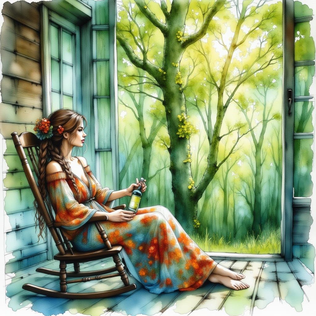 Woman in Forest View, Expressive Watercolor Style