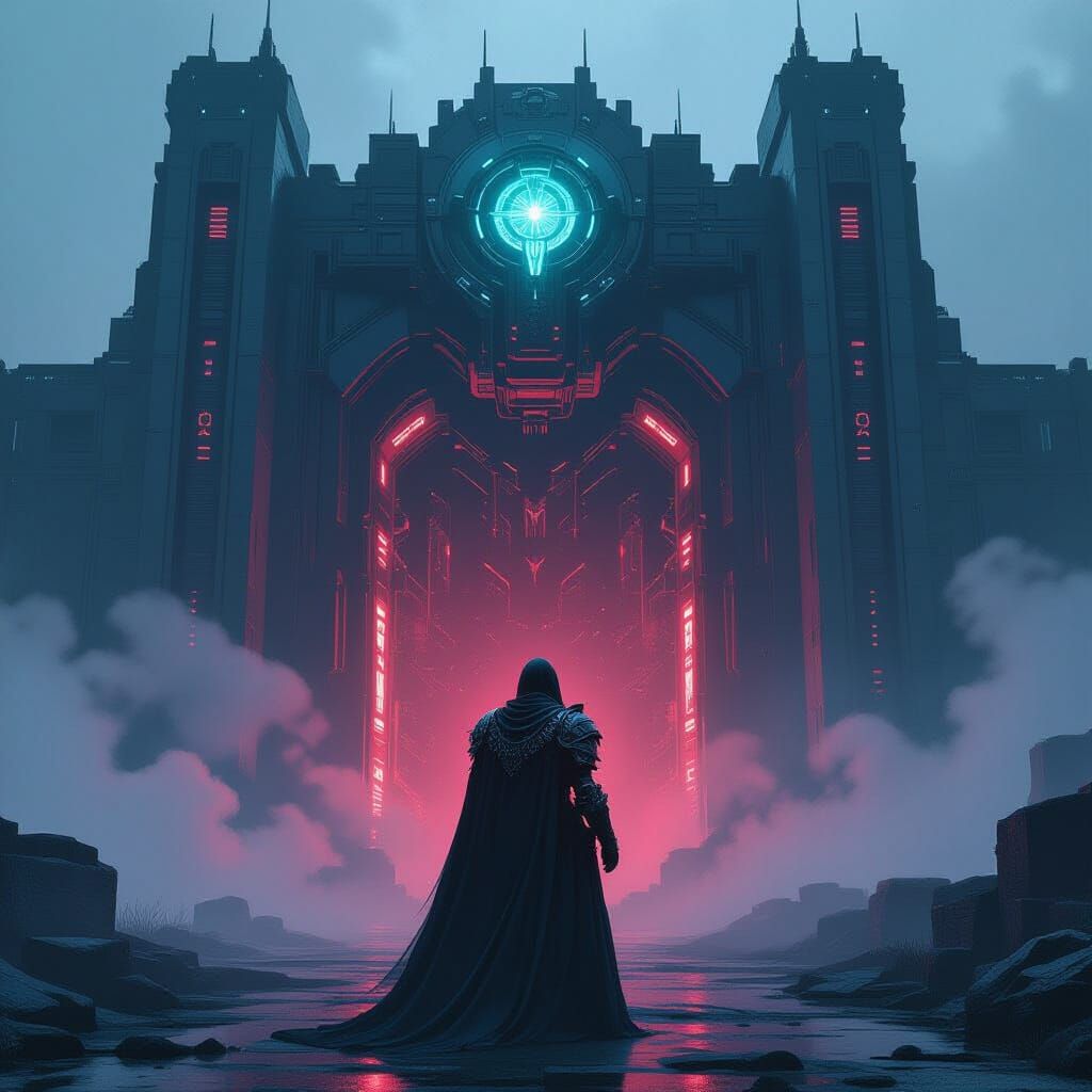 Spectral Knight Guarding Biomechanical Gate in Cyberpunk Sty...