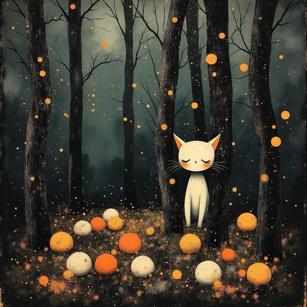 Eerie Forest Scene with Pom Poms in Mystical Style