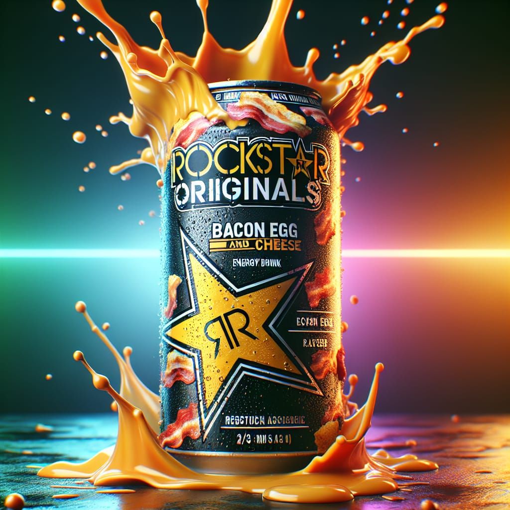 Bacon Egg and Cheese Rockstar Can: Hyperrealistic Splash Art