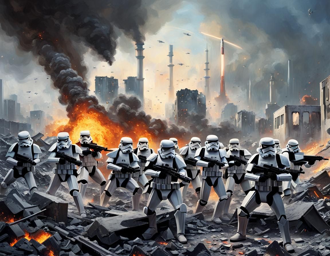 Stormtroopers Battle in Ruined Cityscape Painting