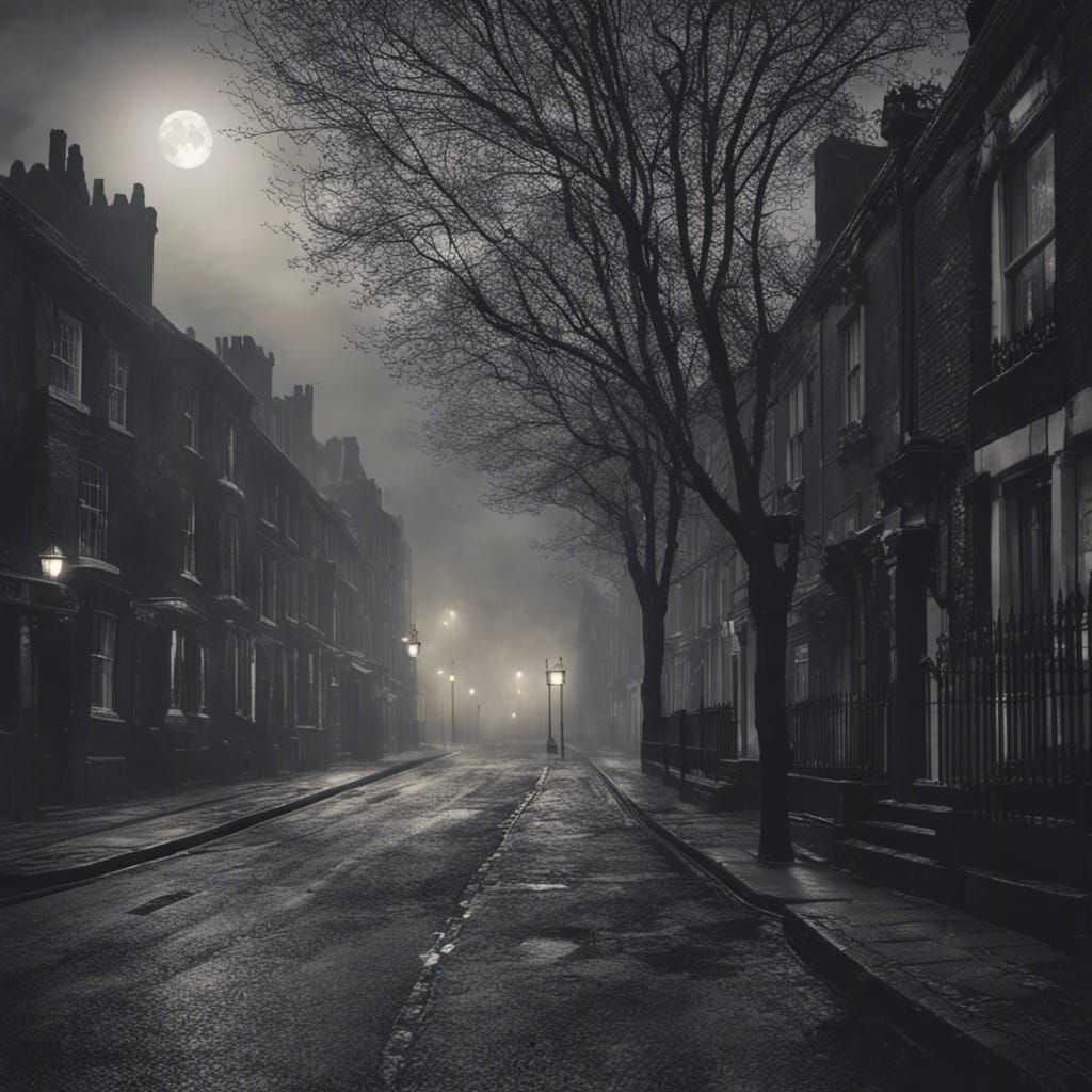 Misty 1880s London Street Scene with Full Moon