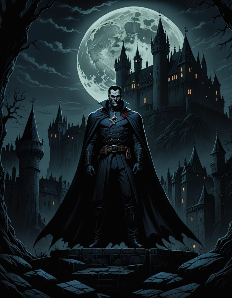 Grim Dark Comic Book Art of Graf Dracula Under Full Moon