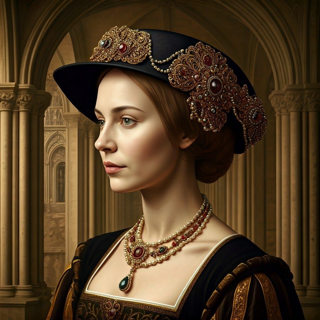 Medieval Woman Adorns Herself with Ornate Renaissance Hat