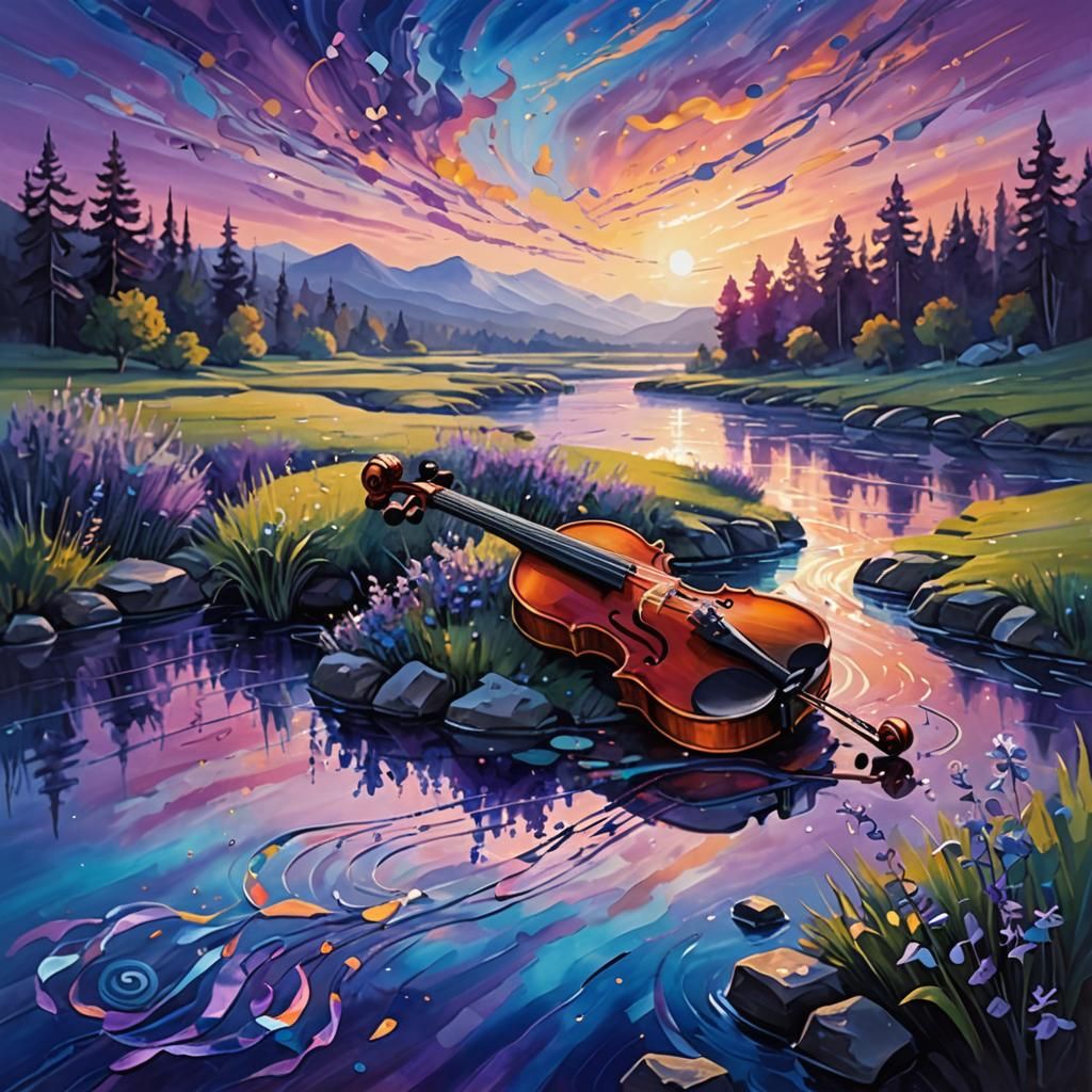 Violin Music Creates Colorful Landscape, Digital Art