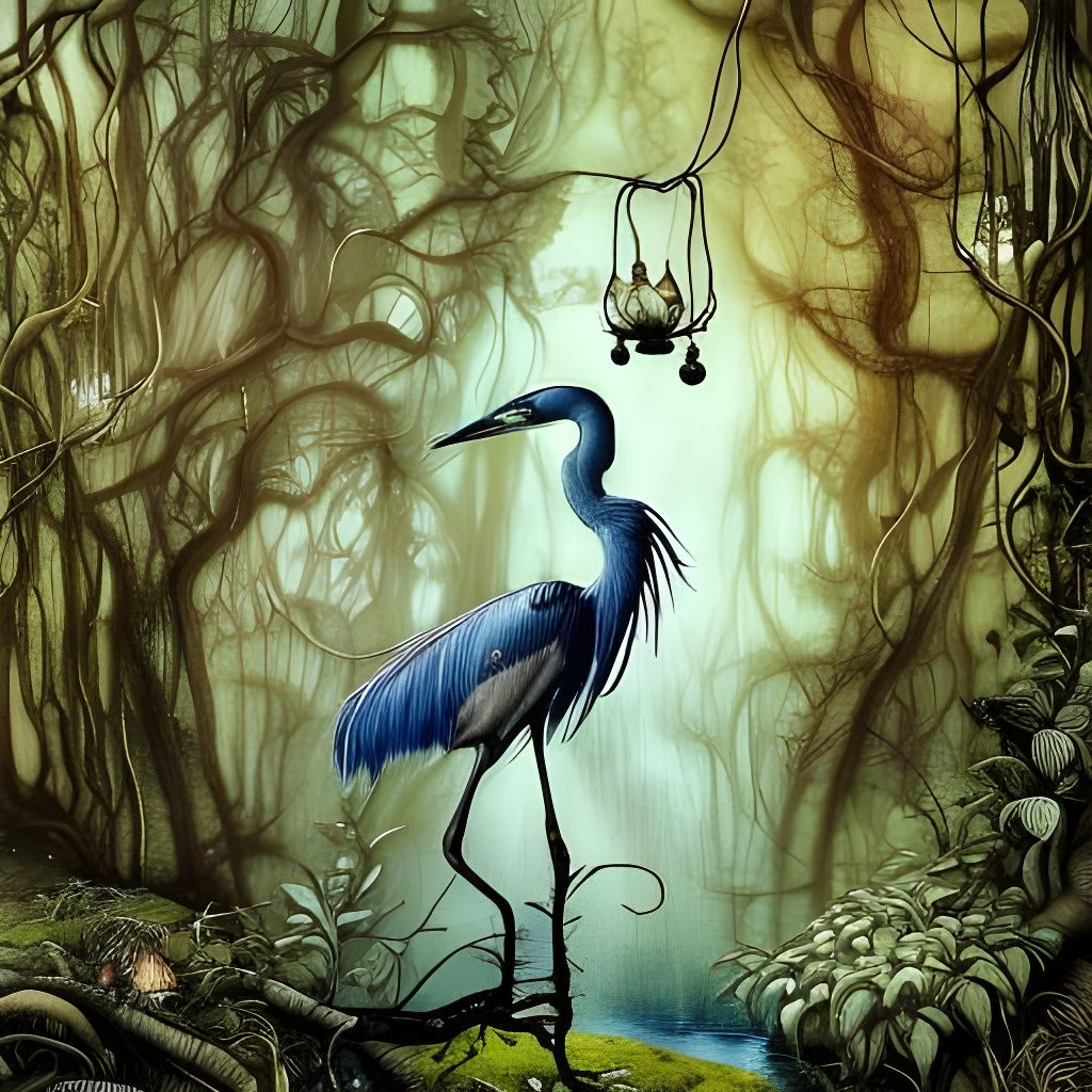 Herons and Fairy Lights in Surreal Forest