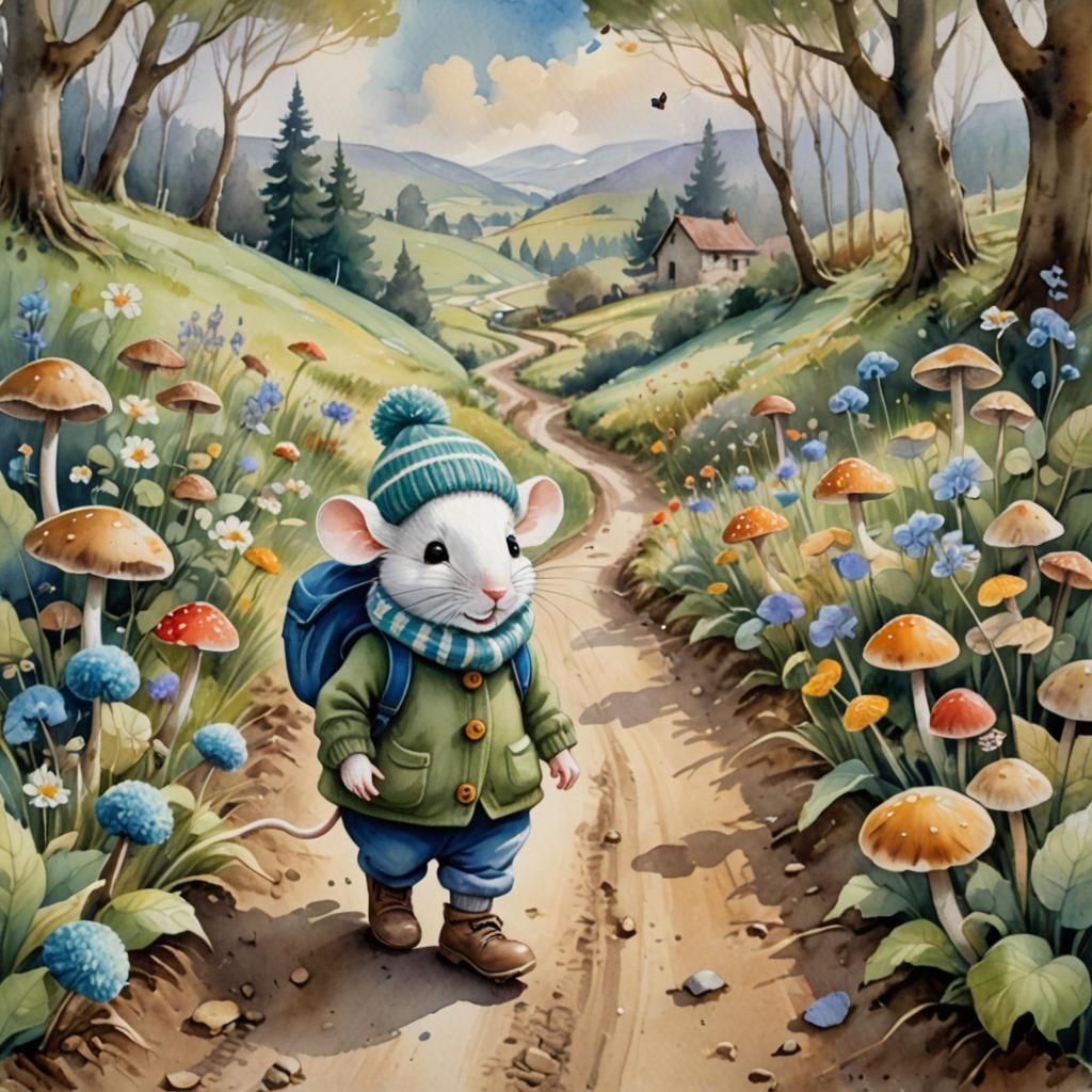 Mouse in Countryside, Watercolor Oil Painting