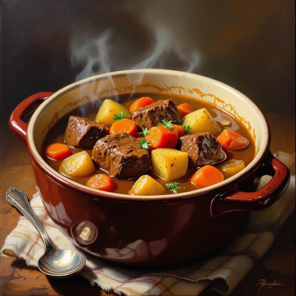 Hearty Beef Stew Oil Painting with Realistic Textures