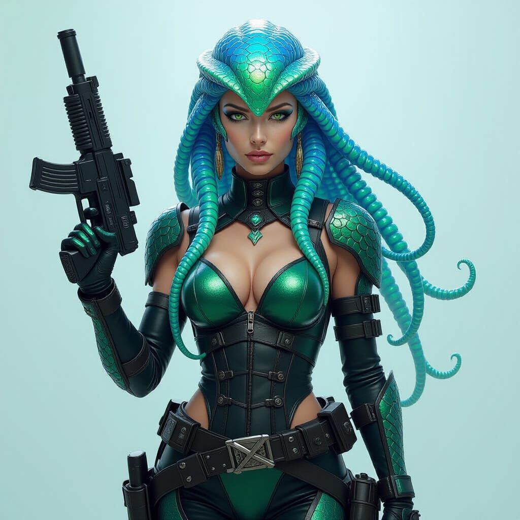 Alien Bounty Hunter with Iridescent Scales in Photorealistic...