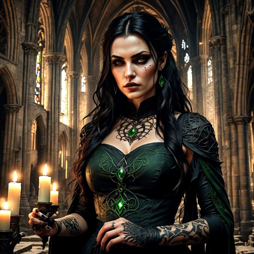 Beautiful Vampire in Gothic Cathedral, Detailed Matte Painti...