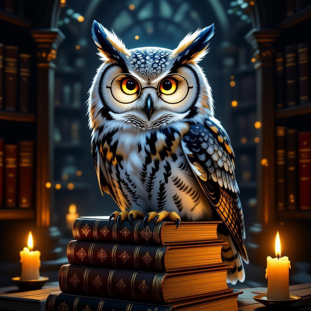Wise Owl on Glowing Books in Candle-lit Library