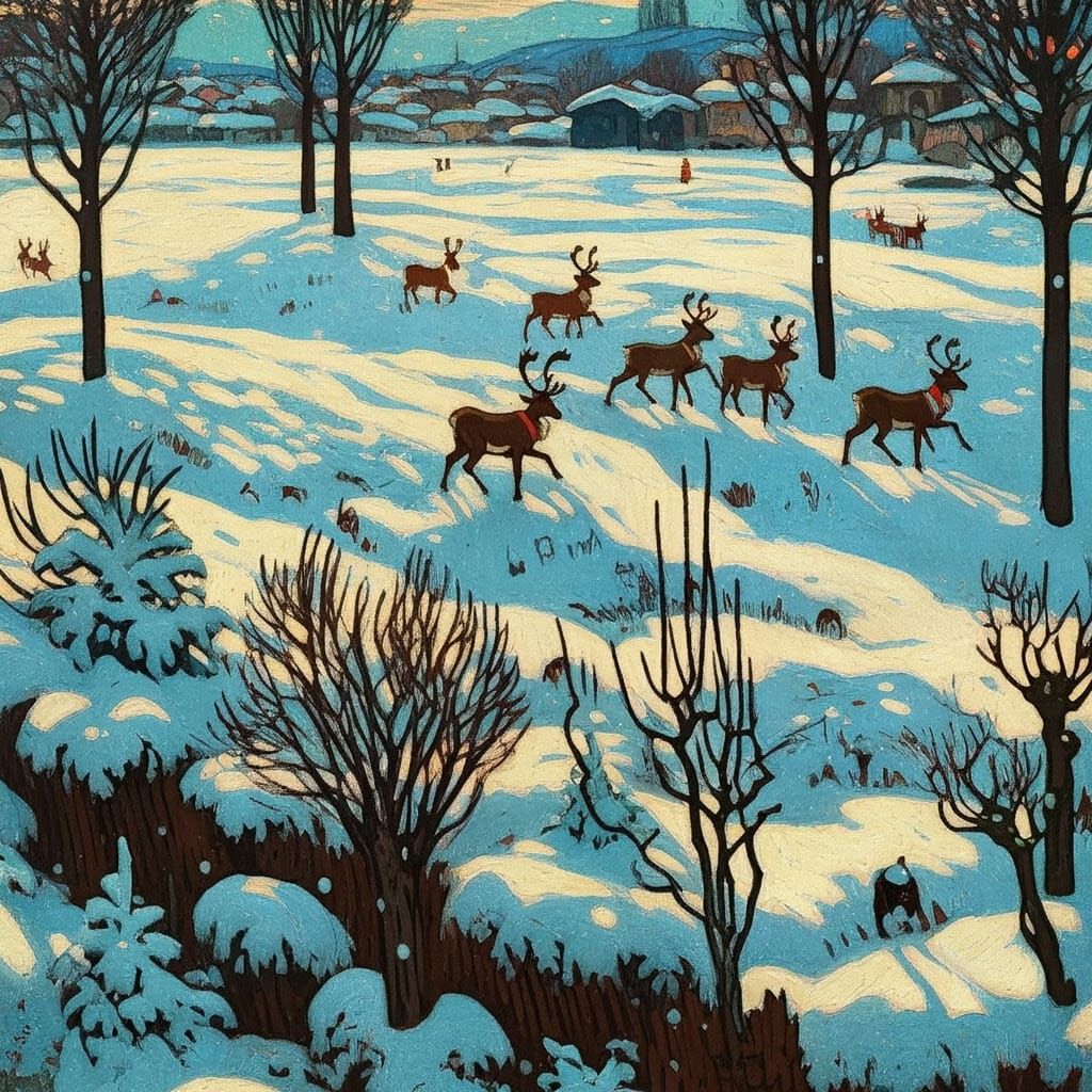 Winter Reindeer in Snowy Woodland as Flat Woodcut