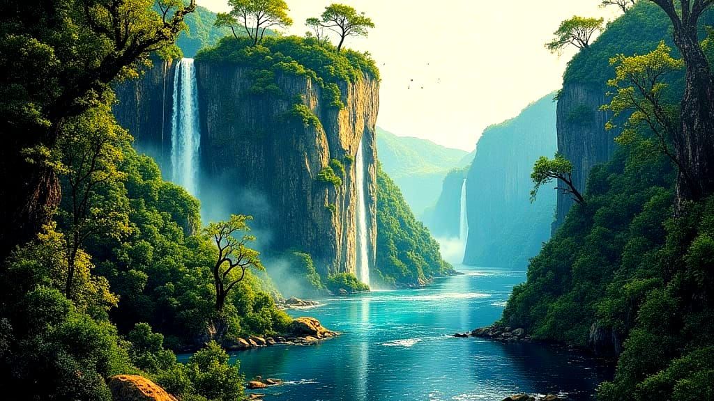 Twilight Hidden Valley Waterfall Landscape in Fantasy Art St...