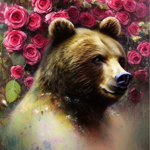 Rose-Covered Bear Portrait in an Ivy Garden