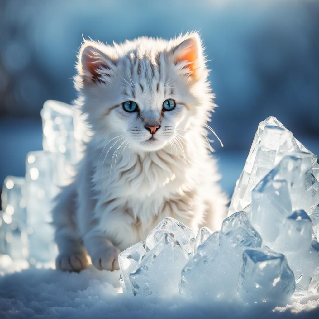 Ice Sculpture of a Cute Fluffy Kitten