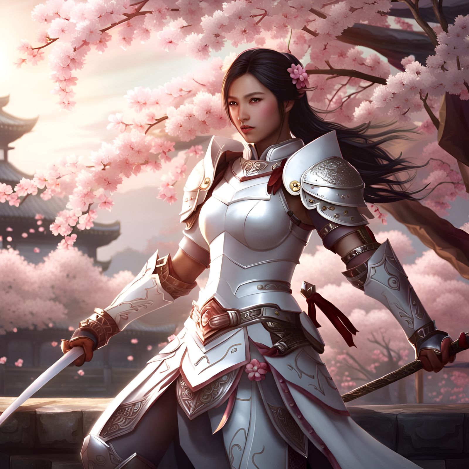 Beautiful Female Samurai in Cherry Blossom Setting