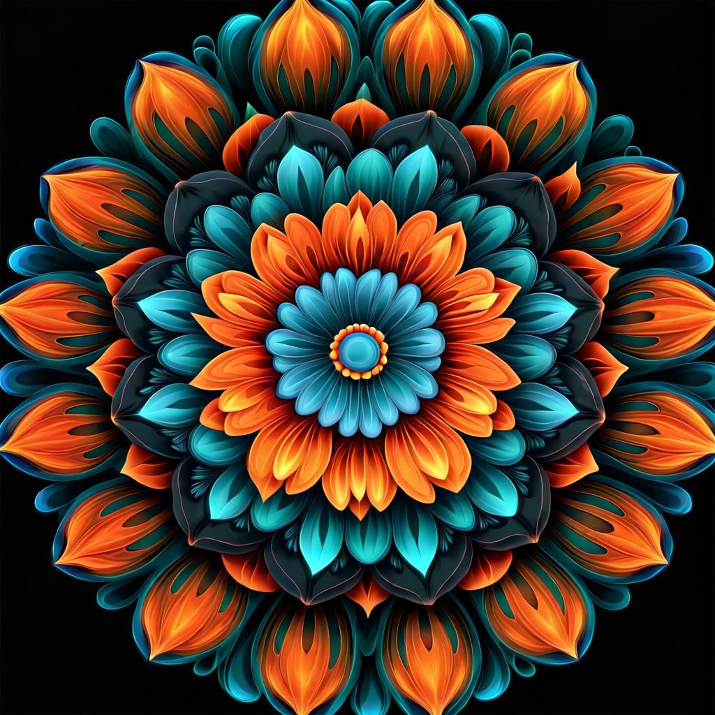 Psychedelic Flower Mandala in Teal and Orange