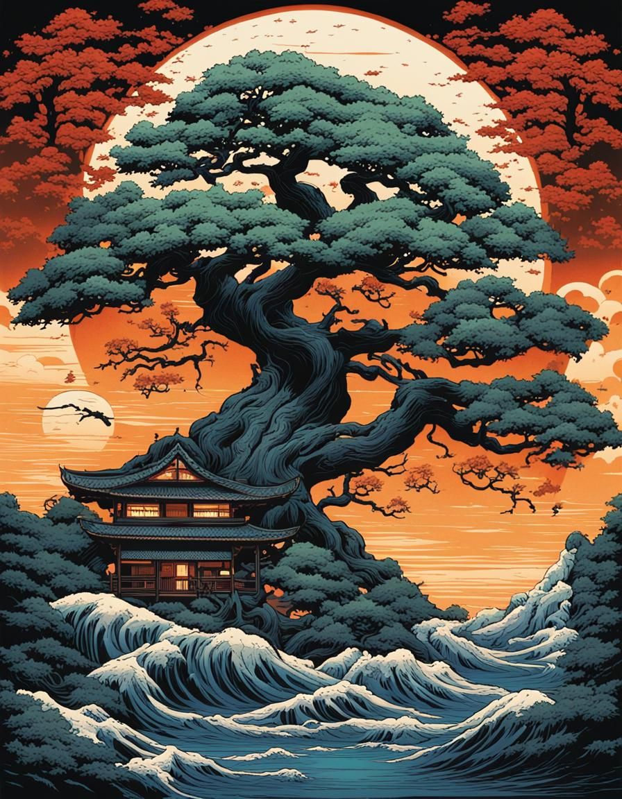 Ukiyo-e Style Tree Illustration
