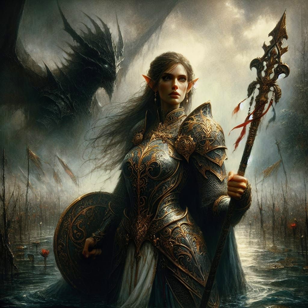 Epic Elven Warrior Confronts Mythic Swamp Dragon in Oil-Like...