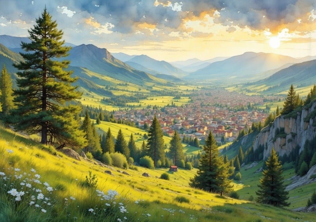 Town View from Hill in Impressionistic Style