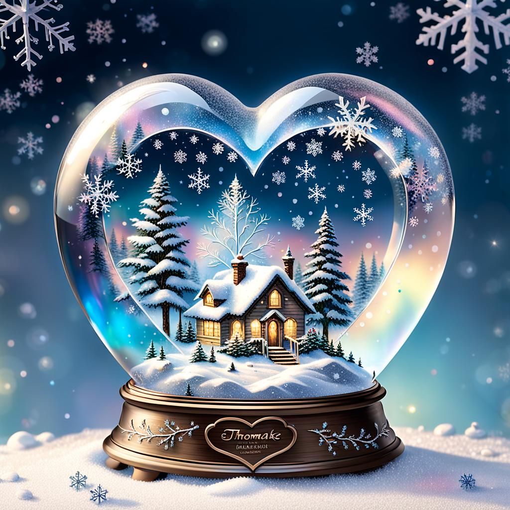 Iridescent Snowflakes Fall in Heart-Shaped Snowglobe
