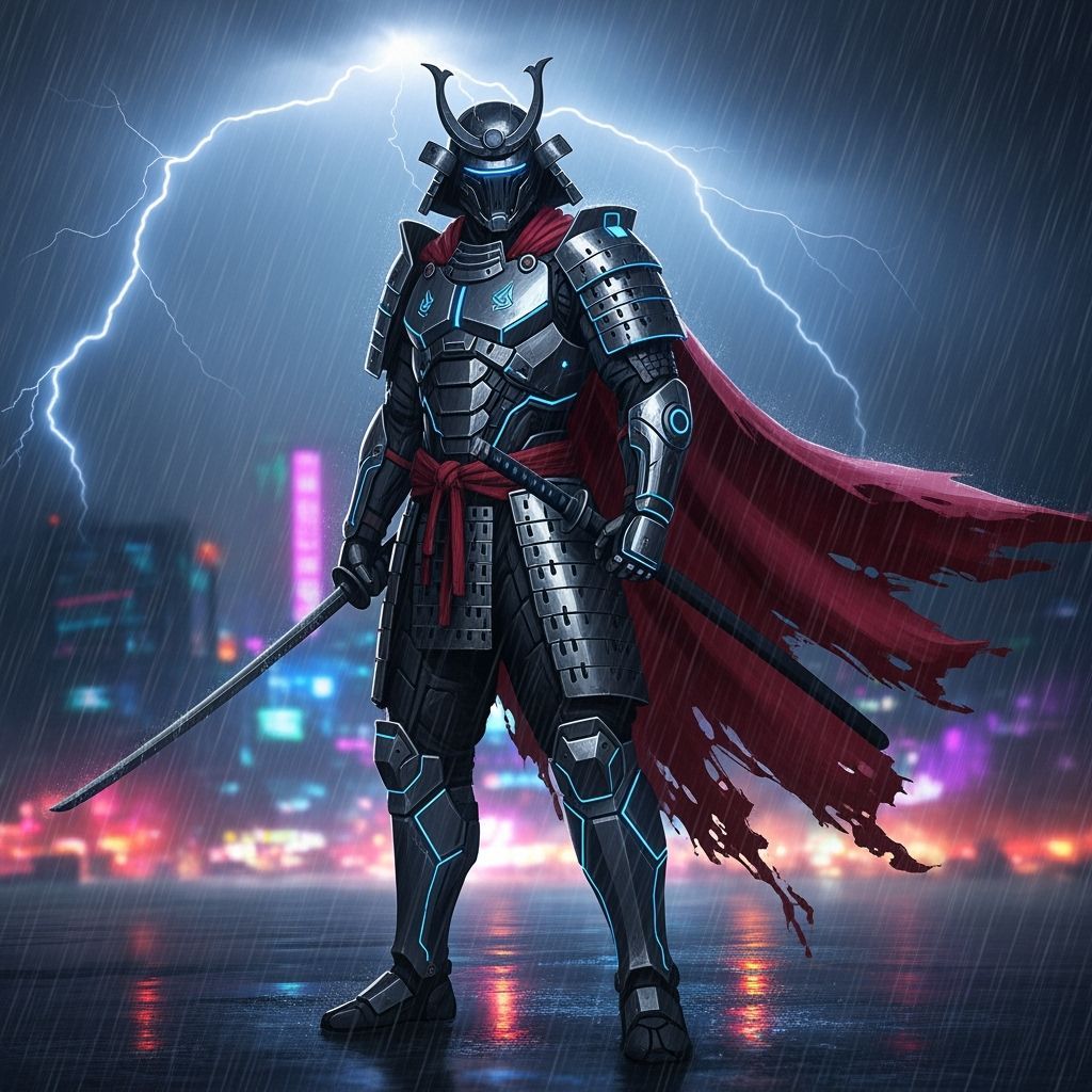 Futuristic Samurai Warrior in Dramatic Rainstorm