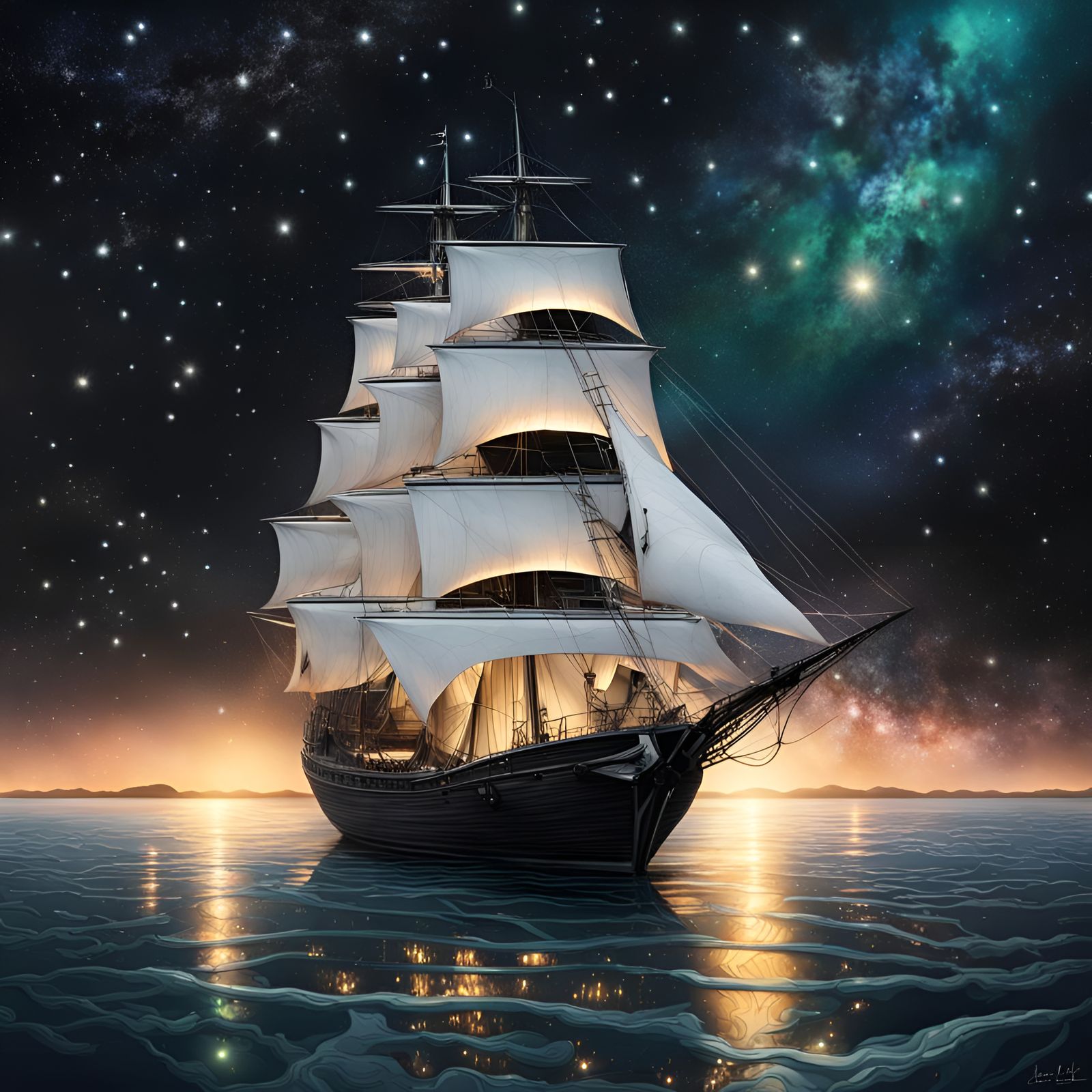 Serene Lagoon at Night with Stardust in Hyperrealism