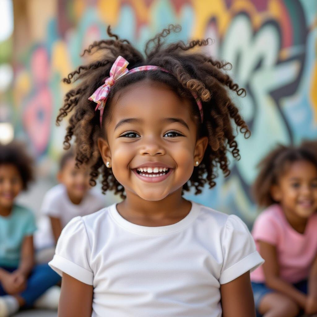 Joyful Black Girl at Tubman Museum, Vibrant Street Art Style