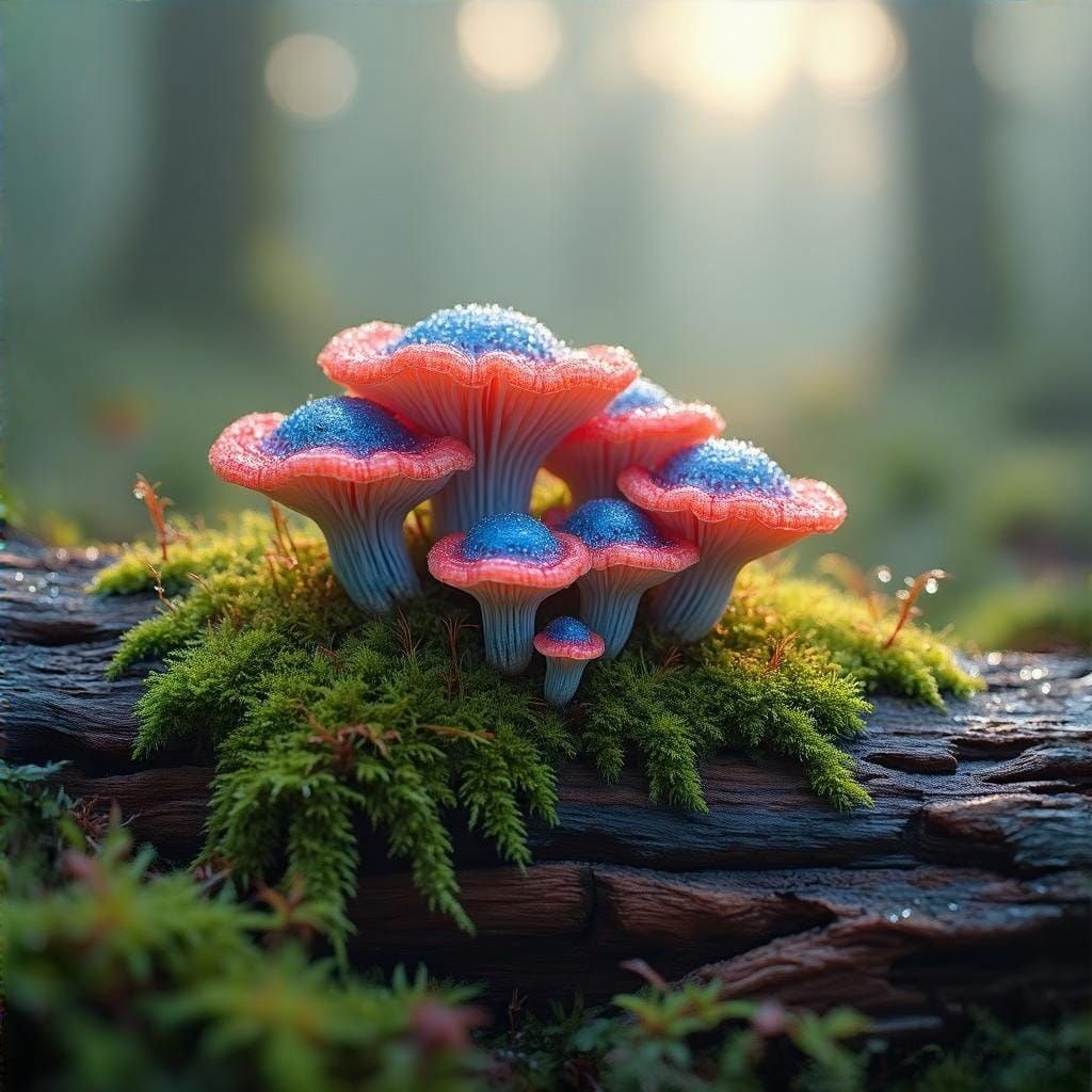 Whimsical Fungi Bloom in Morning Dew
