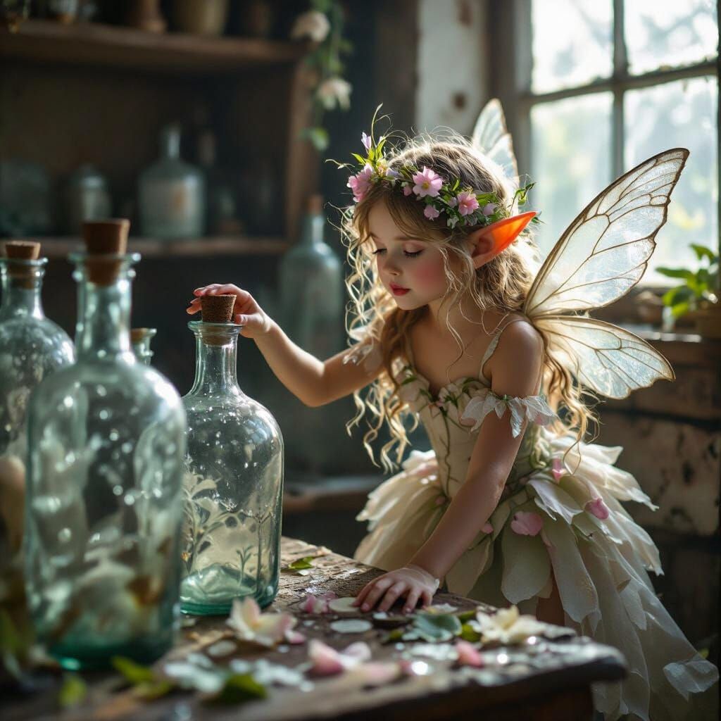 Forest Fairy Touches Dew in Abandoned Apothecary