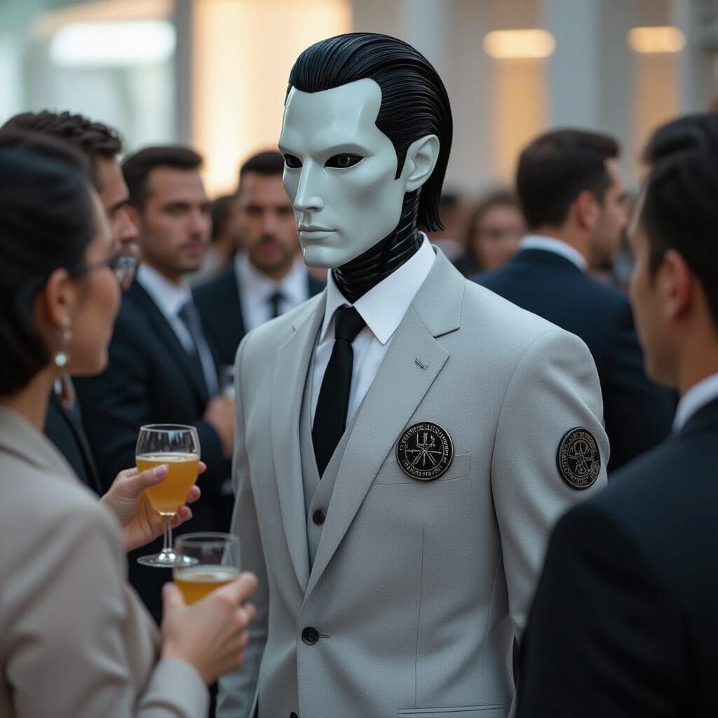 Mysterious Man with Gills in Futuristic Crowd