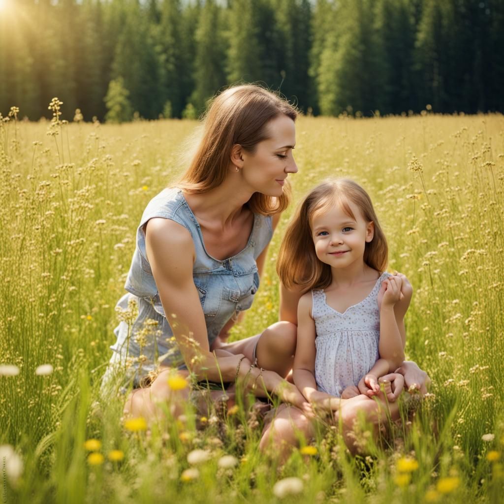 Mother and Daughter in Sunny Meadow