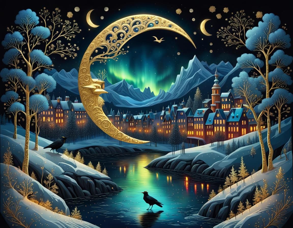 Crystal Moon Over Night Forest in Palekh Style