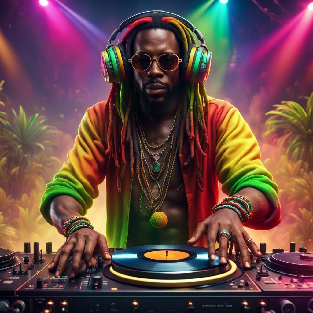 Colorful Reggae DJ with Music Equipment