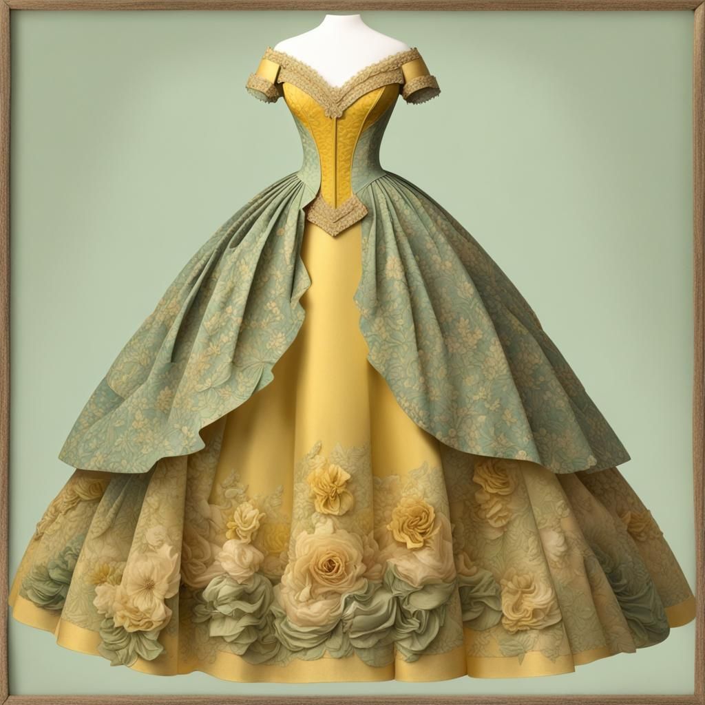Fine Art  Collage : 19th Century  Ball Gown Layered Collage  : Intricate Floral Sage and Yellow Paper  : 3d Shading : Wi...