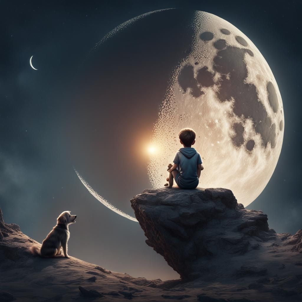 Boy and Dog on the Moon, Detailed Digital Painting