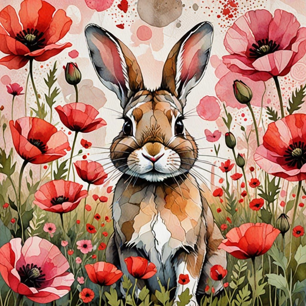 Bunny in Poppy Field: Mixed Media Collage