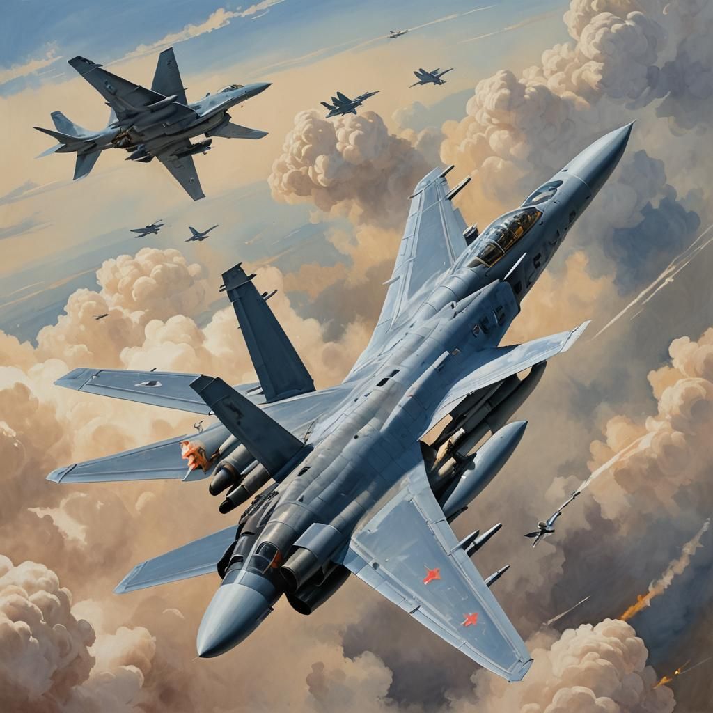 Dove and F15 Fighter Jet in Gouache Style