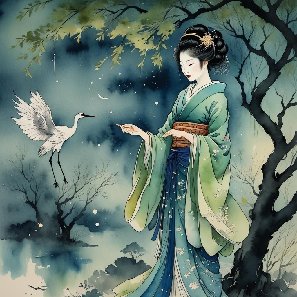 Geisha lady with a crane.