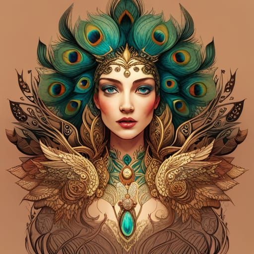 Peacock Goddess with Golden Outlines, Digital Art