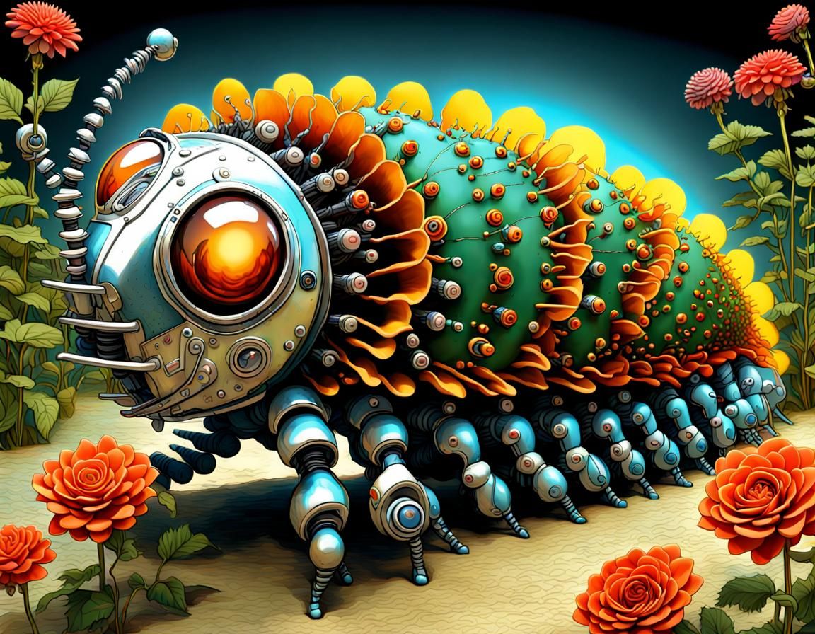 Cybernetic Caterpillar in Futuristic Dahlia Garden