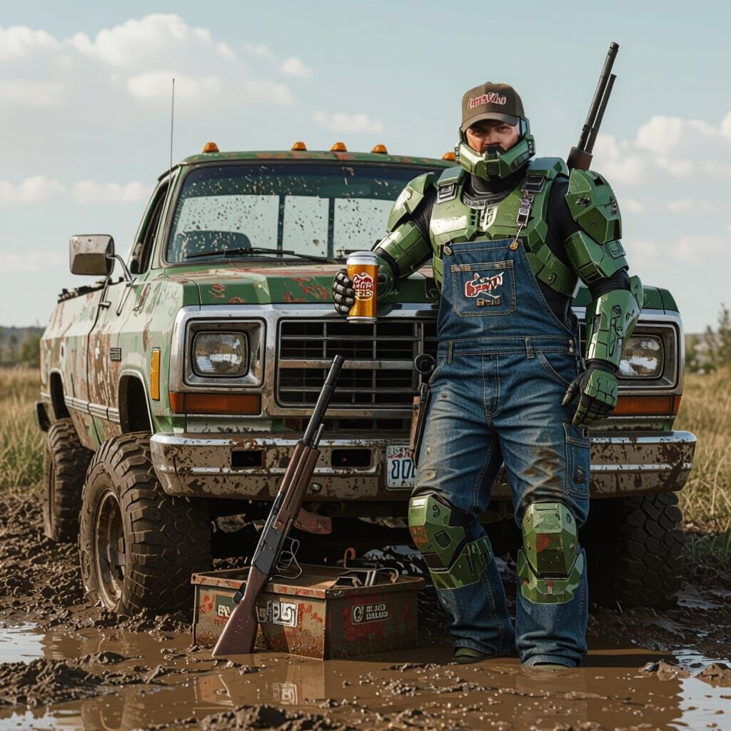 Master Chief Relaxing with Beer and Truck