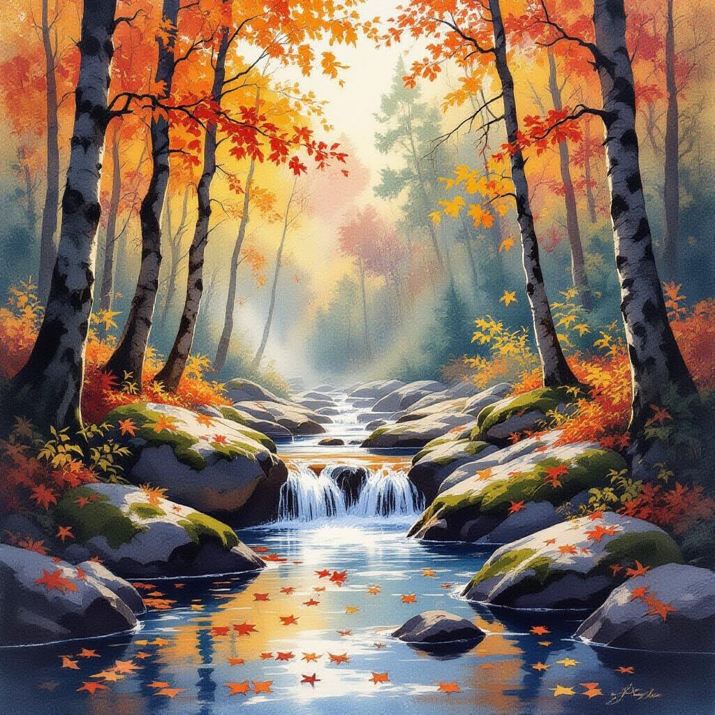 Serene Autumn Forest Waterfall in Expressive Watercolor Styl...