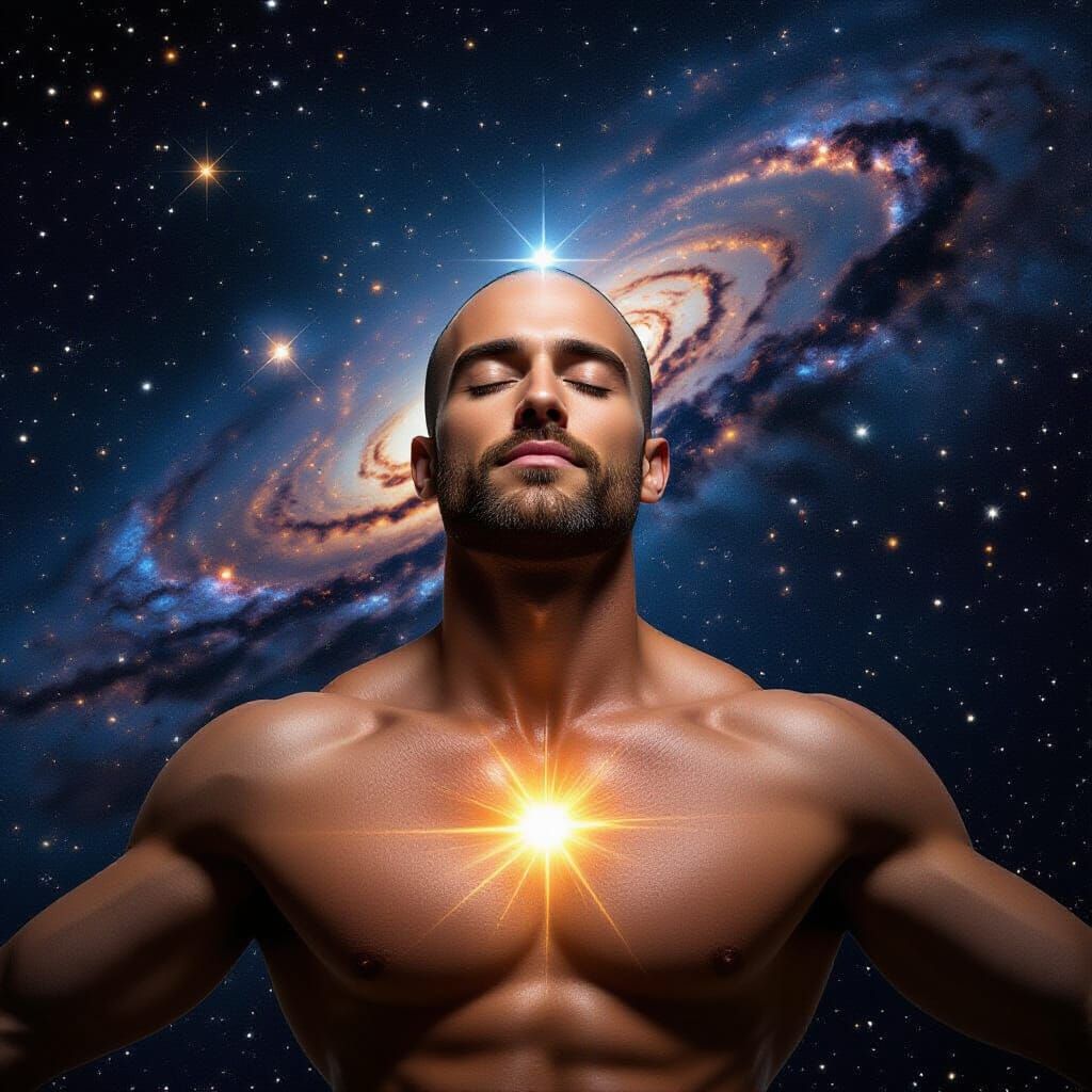 Muscular Man Meditating in Cosmic Light