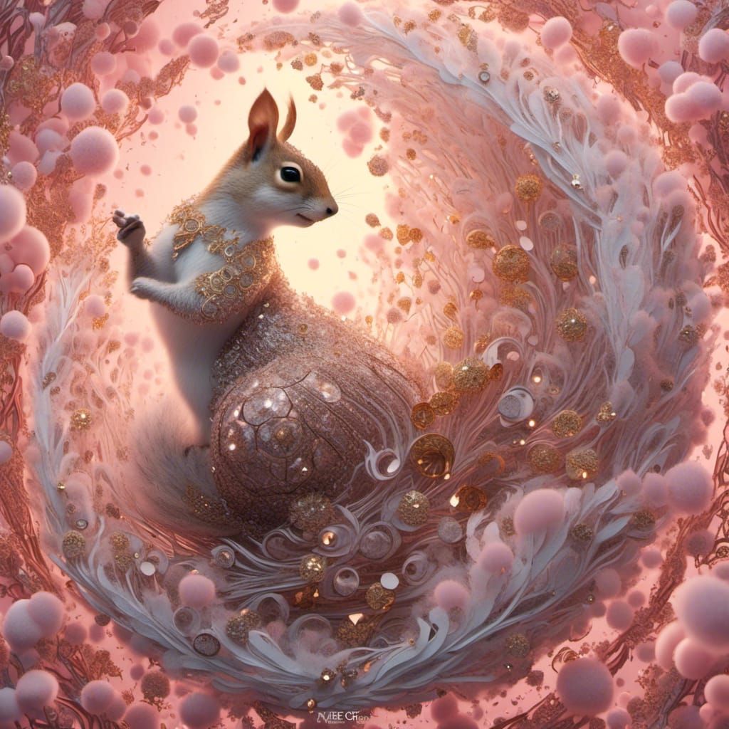 Squirrel in Pink Vortex, Dreamy Illustration