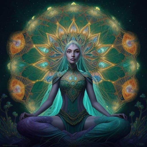 Elven Figure on Fly Agaric Mushroom in Fractal Geometry